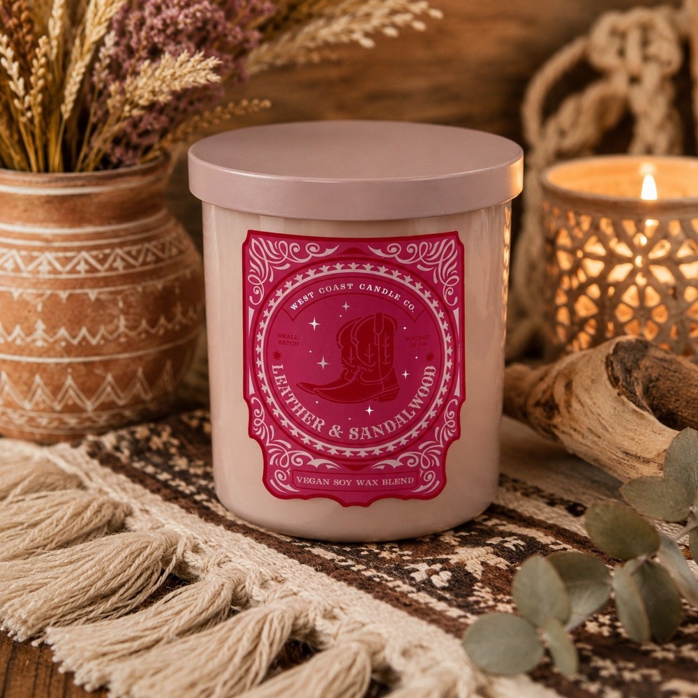 West Coast Candle Co Leather & Sandalwood Candle 9oz Pink Vegan Soy Wax Blend